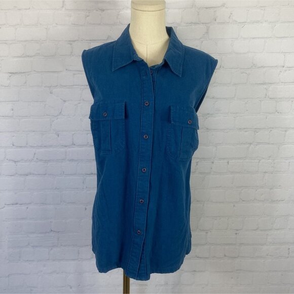 ⭐ 3/$15 Massini Size 20W Linen Blend Blue Button Up Shirt Tank Top - Picture 2 of 6